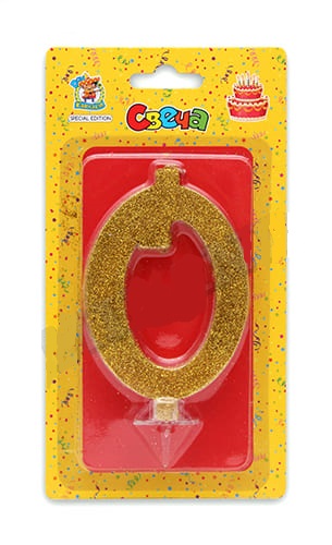 Свеча для торта 'Цифра 0. Золотой глитер' Миленд, картон. уп., европодвес, С-1892