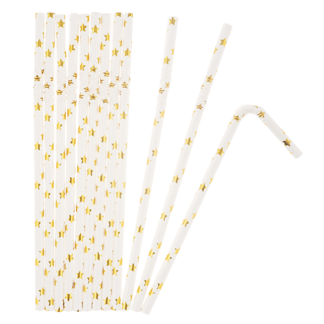 Трубочки для коктейлей, с гофрой, Звезды, Белый/Золото, Металлик, 12 шт, 6233637