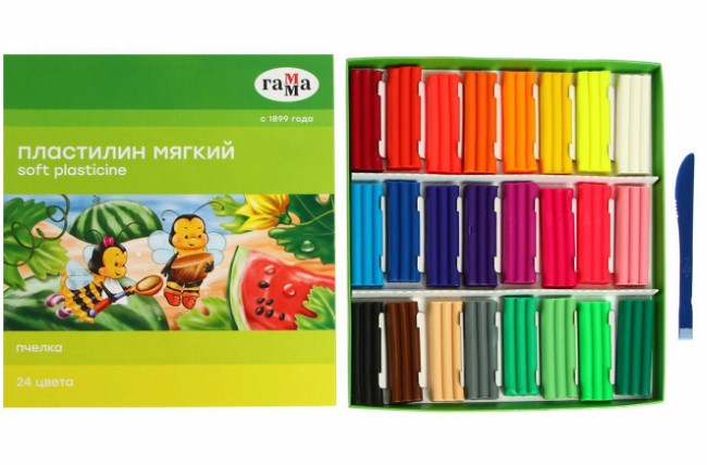 Пластилин восковой мягкий Гамма 'Пчелка', 24 цвета, 360 г, со стеком, картон. упаковка, 190820201