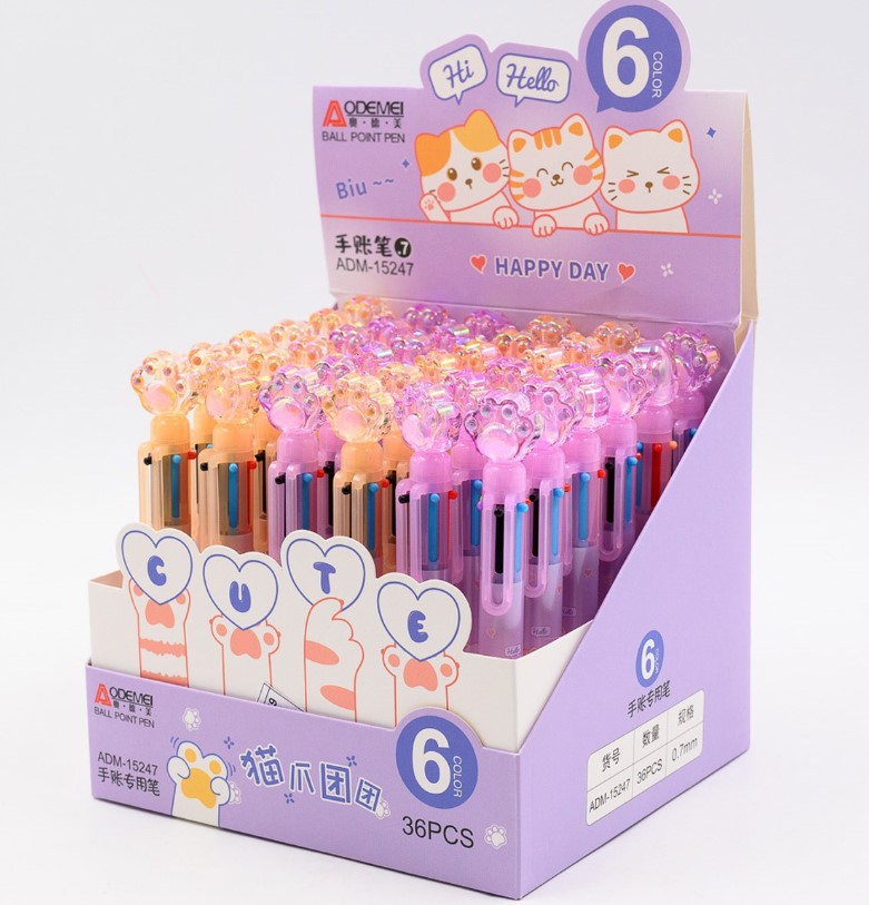 Ручка шариковая автоматическая, 6 цветов, ЛАПКА, 15247