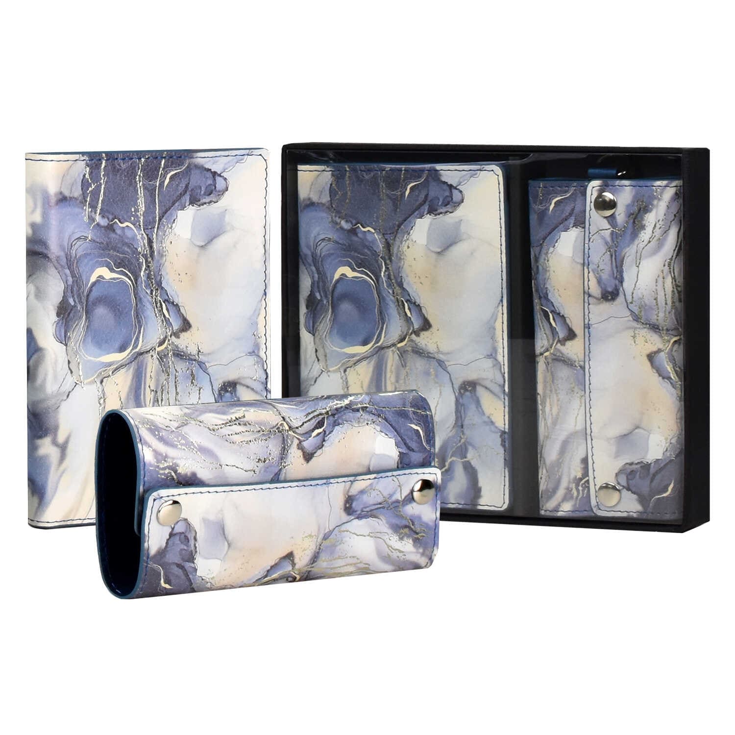 Обложка для паспорта + ключница (набор подарочный) арт. 57741; 20 ( НАППА СИНИЙ МРАМОР)