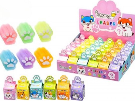 Ластик ЛАПКИ, ПВХ, 3х2х2,5см см, ассорти 6 цветов, TB6525