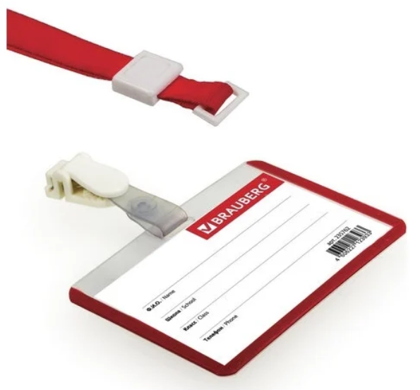 Бейдж школьника горизонтальный (55х90 мм), на ленте со съемным клипом, КРАСНЫЙ, BRAUBERG, 235762