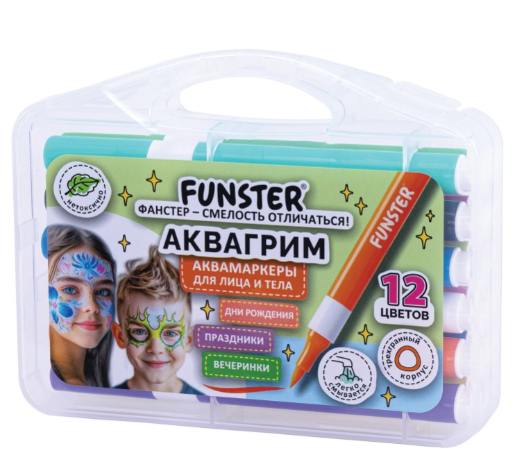 Аквагрим аквамаркеры для лица и тела, 12 цветов, FUNSTER (ФАНСТЕР), пластиковый кейс, 152609