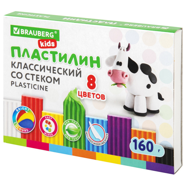 Пластилин 8 цв. BRAUBERG KIDS, 160 г, со стеком, 106501