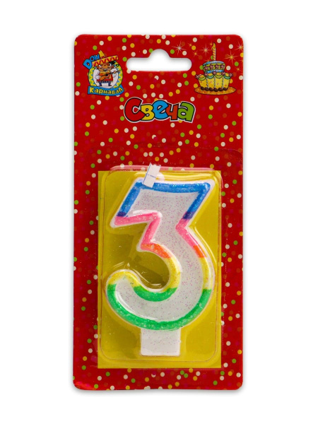 Свеча для торта 'Цифра 3 Разноцветная оконтовка с блёстками' Миленд европодвес С-2418